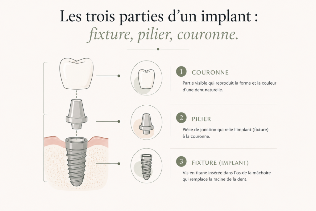 Schéma des composants d’un implant dentaire.
