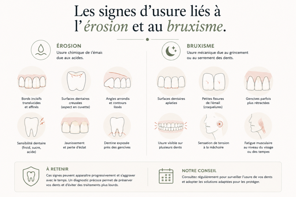 Illustration des signes d’érosion et de bruxisme.
