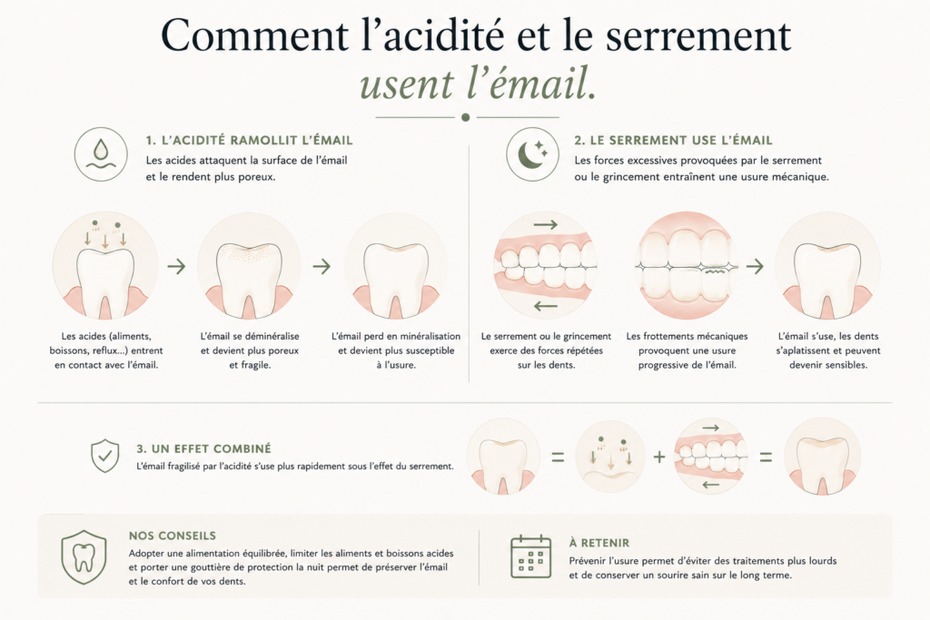 Schéma du mécanisme d'usure dentaire.