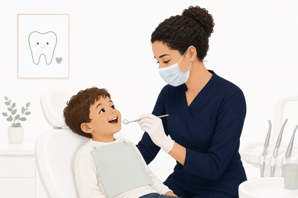 Alt : Illustration d’un enfant chez le dentiste.