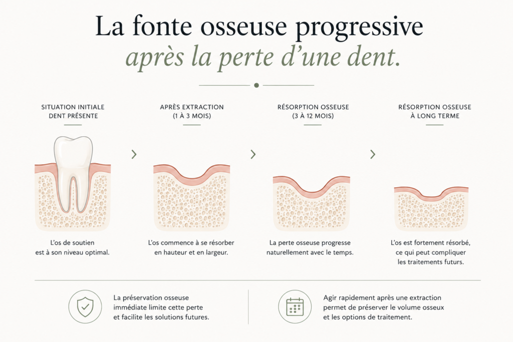 Schéma de la résorption osseuse après extraction.