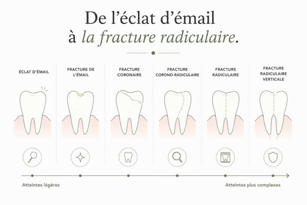 Schéma des types de fractures d’une dent.