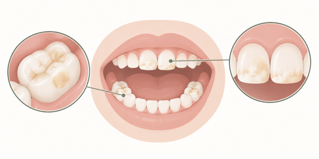 Illustration des taches de MIH sur les dents d’un enfant.