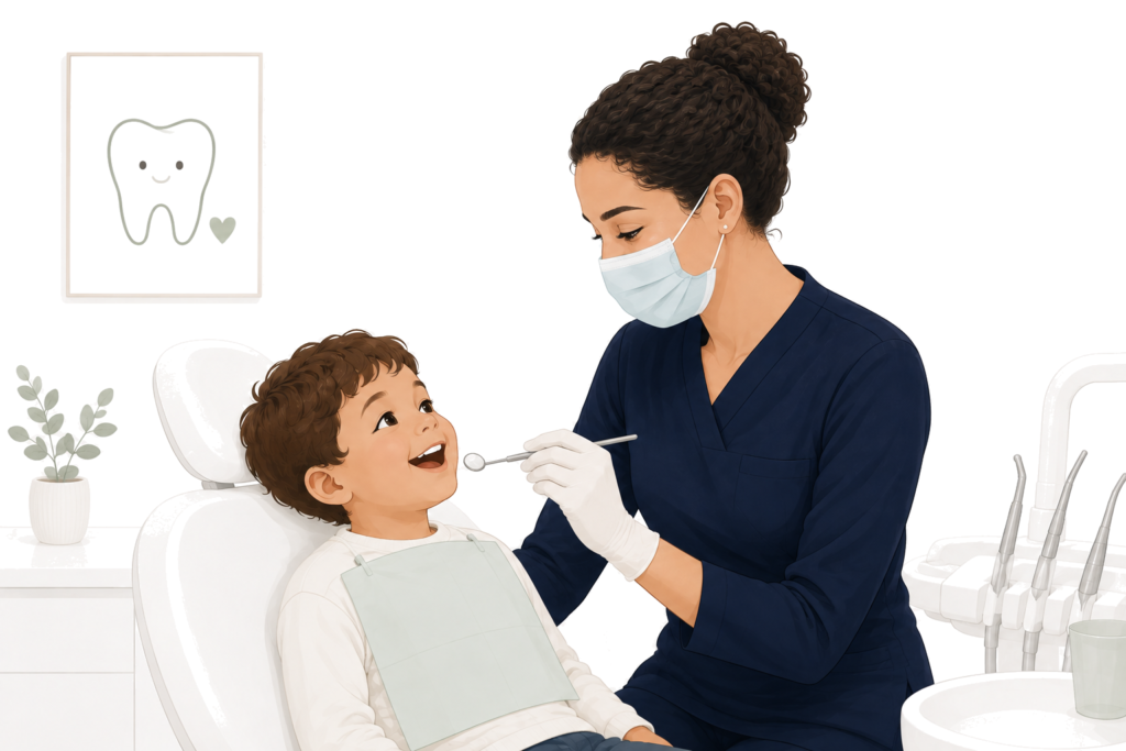 Première visite chez le dentiste : illustration d’un enfant au cabinet.